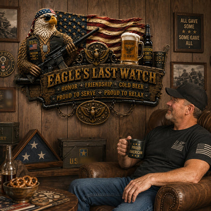 🇺🇸 Eagle’s Last Watch Veteran Bar Sign – Rustic Military Eagle Wall Decor