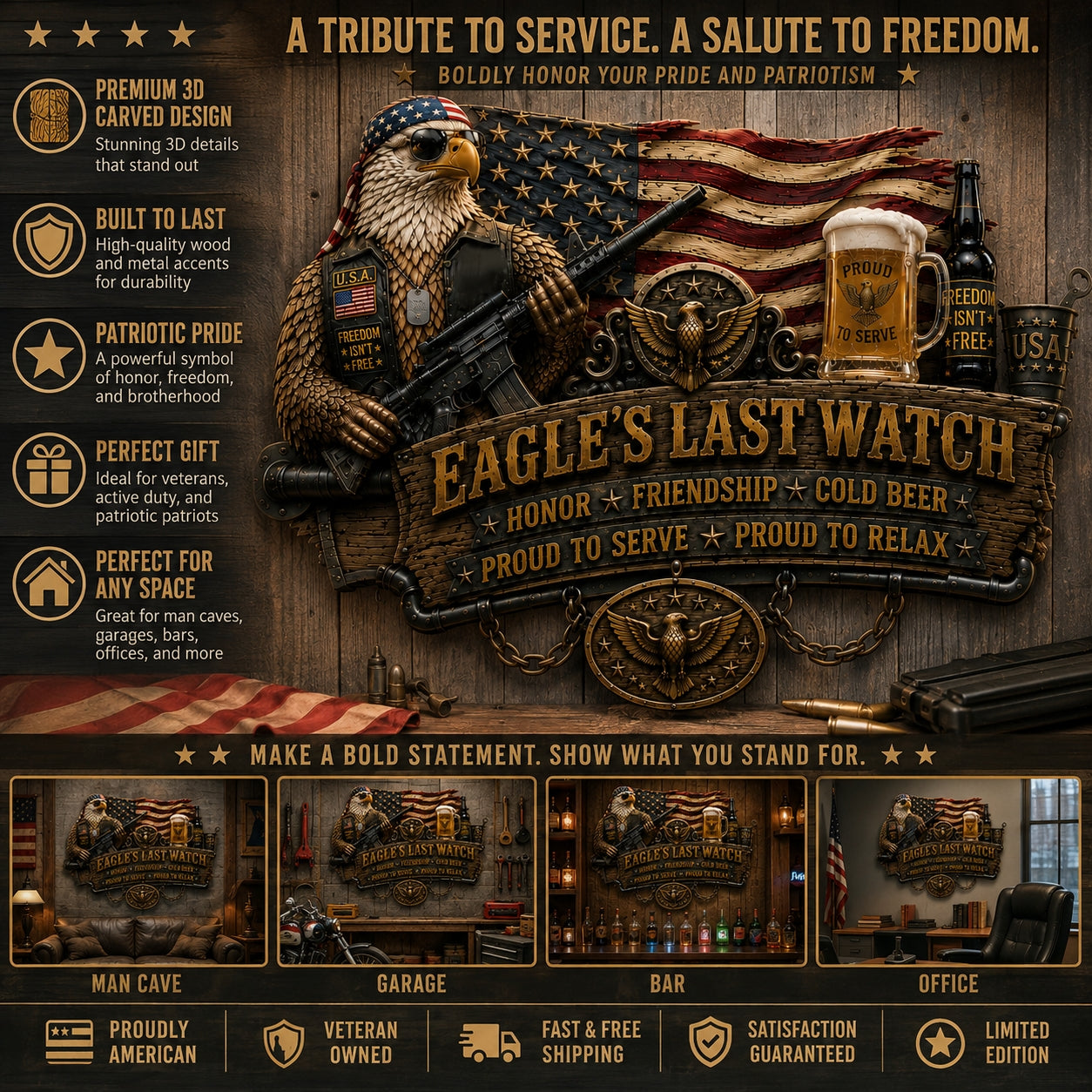 🇺🇸 Eagle’s Last Watch Veteran Bar Sign – Rustic Military Eagle Wall Decor