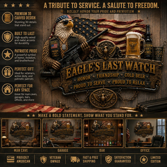 🇺🇸 Eagle’s Last Watch Veteran Bar Sign – Rustic Military Eagle Wall Decor