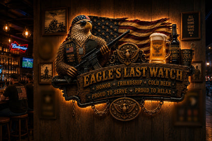 🇺🇸 Eagle’s Last Watch Veteran Bar Sign – Rustic Military Eagle Wall Decor