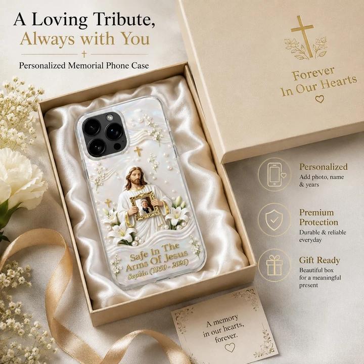 Safe in the Arms of Jesus" Personalized Memorial iPhone Case 🕊️🤍 | Custom Photo Keepsake
