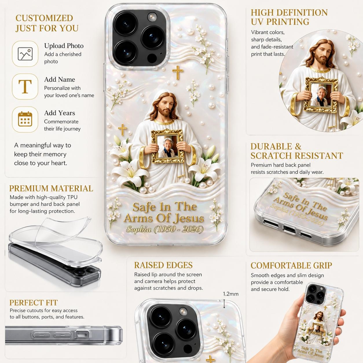 Safe in the Arms of Jesus" Personalized Memorial iPhone Case 🕊️🤍 | Custom Photo Keepsake