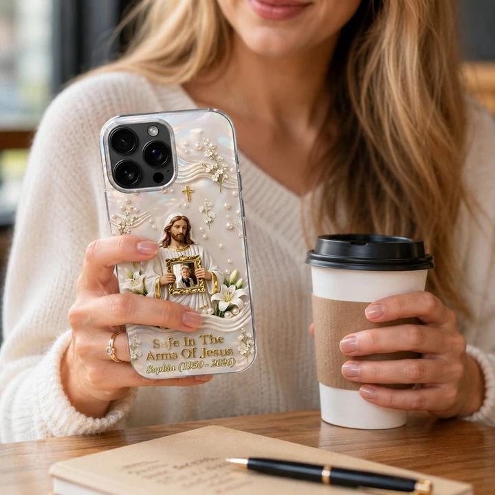 Safe in the Arms of Jesus" Personalized Memorial iPhone Case 🕊️🤍 | Custom Photo Keepsake