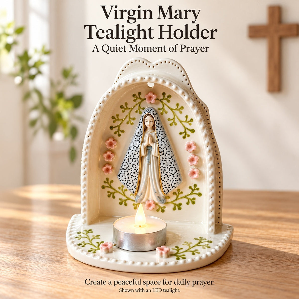 Serene Virgin Mary Tealight Holder 🕊️ | A Quiet Moment of Prayer (Ceramic Grotto)