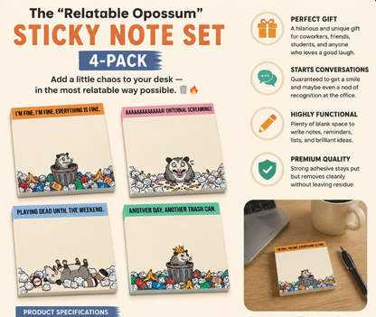 The "Relatable Opossum" Sticky Note Set (4-Pack) 🐾🗑️ | Funny Office Desk Accessories &amp; Coworker Gag Gift